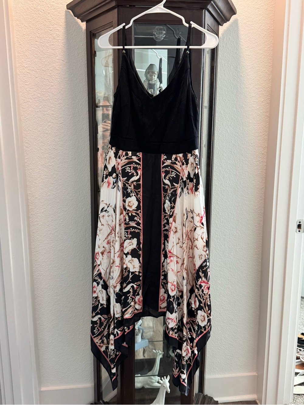 White House Black Market Black Bodice Floral Handkerchief Hem Dress